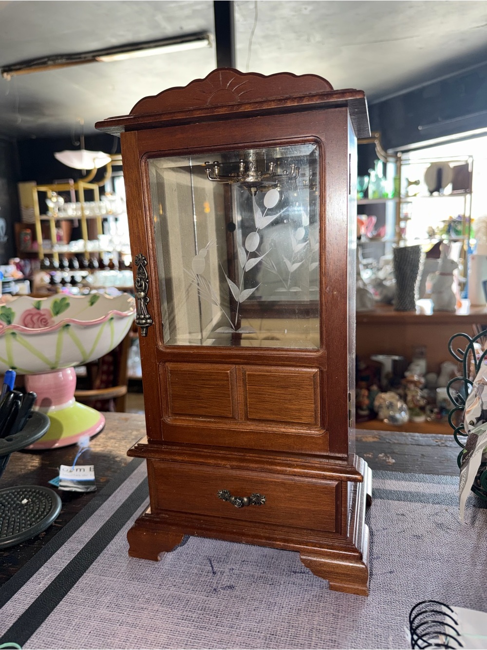 Vintage Wood Finish Mirrored Jewelry Armoire Cabinet - Brown